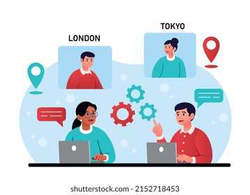 Concept of communication. Man and girl at laptop discuss problems, friends communicate via video call from different countries. Modern technologies and social media. Cartoon flat vector illustration