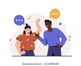 Concept of communication. Man talks to girl, friends share rumors, gossip and news. Students at university. Discussion or dispute. Happy people, smiling persons. Cartoon flat vector illustration