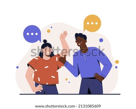 Concept of communication. Man talks to girl, friends share rumors, gossip and news. Students at university. Discussion or dispute. Happy people, smiling persons. Cartoon flat vector illustration