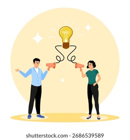 O conceito de mensagens de comunicação. A equipe se comunica e fala através do megafone sobre ideias de negócios.