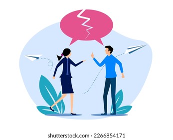 The concept of communication. Misunderstandings cause confusion at work. Communicate messages and information is unclear. Businessman and woman having trouble understanding each other