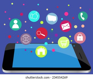 Concept of communication in the network. Mobile phone with icons. Vector Illustration 