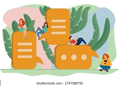 The concept of communication of people on the Internet using text messaging. The guy and the girls write each other emails. Students with gadgets. Vector in a flat style.
