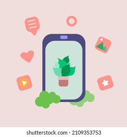The concept of communication platform Online in social networks. Phone with emoticons, comments, love, likes and games. illustration rendering
