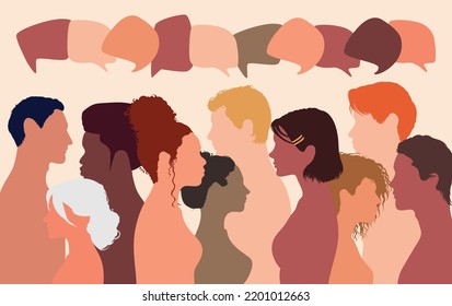 A concept of communication and social networking between multiethnic people. Community based online sharing. Colour clouds. Multiethnic speech bubbles.