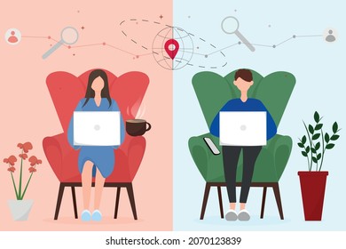 concept of communication in social networks. Female and male characters are sitting in an easy chair with a laptop in their hands in different rooms and places. Cozy vector illustration in flat style