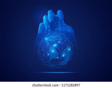 concept of communication technology control, futuristic polygon hand reaching to digital globe