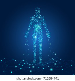 concept of communication technology, digital man reaching futuristic connected line
