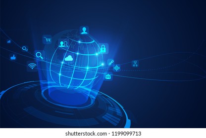concept of communication technology or global network, futuristic globe with digital technology icons