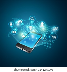 concepto de tecnología de la comunicación, gráfico de un dispositivo realista con simulación de red global