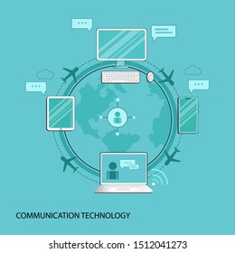 Concept of Communication Technology Illustration, The concept of communication technology through social media via online internet networks around the world with modern technology.
