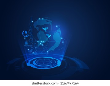concept of communication technology, wireframe globe with digital radar