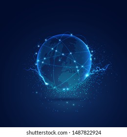 concept of communication technology, world map globe in dotted futuristic style