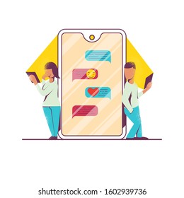 The concept of communication through the messenger. Communication men with women. Man meets a woman through the Internet.Online dating. - Vector