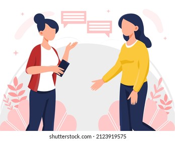 Concept of communication. Two friends having dialogue, students discussing latest news. Gossip and rumors. Discussion or dispute. Colleagues or classmates talk. Cartoon flat vector illustration