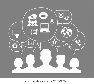 El concepto de las comunicaciones de las personas en la red mundial. Varios avatares de personas con burbujas de voz e iconos de interfaz