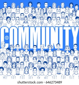 Concept of Community. The crowd of abstract hand drawn people, line style.