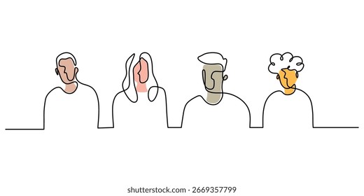 Concept of community and teamwork is illustrated by a diverse group of people. A single continuous line drawing forms men and women, a symbol of unity.