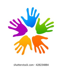 Concept of community unity. Hands connecting. Internation community. Concept logotype template. Vector graphic illustration.