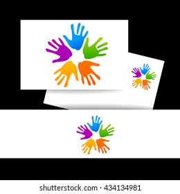 Konzept der Einheit der Gemeinschaft - Identitätsdesign-Präsentation. Hände verbinden, Teamwork Logo. Concept logotype Template. Vektorgrafik.