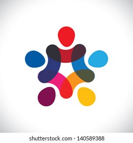 Concept of community unity, solidarity & friendship - vector icon. This logo template can also represent colorful kids playing together holding hands together in circles or union of workers, etc