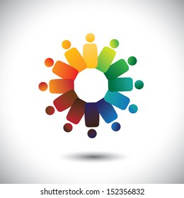 Concept of community unity, solidarity & friendship- vector graphic. This illustration also represents colorful children(kids) playing together in circles or union of workers, employee meetings, etc 