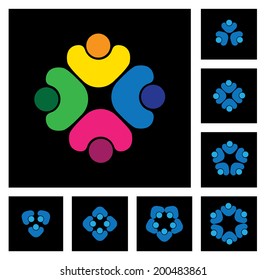 concept of community unity, solidarity & people - vector icons. This graphic represents colorful kids playing together, children in school playground, employees meeting on black background