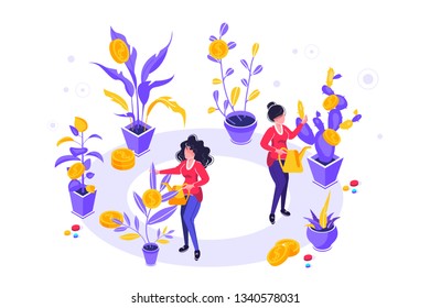 Concept company is engaged in the joint construction and cultivation of money cash profits for presentation, social media, documents, cards, posters. Vector illustration career growth to success
