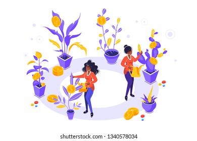 Concept company is engaged in the joint construction and cultivation of money cash profits for presentation, social media, documents, cards, posters. Vector illustration career growth to success