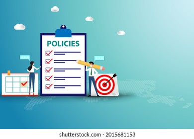 Concept of company policy, businessman and woman wear a face mask and read the list of policies that shown on a big screen of clipboard to understand in green color background.