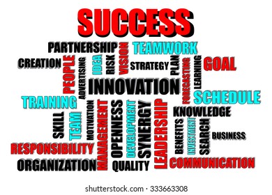 Concept of company success designed as a cloud of tags from main components of business success. Red, blue, and white colors on white background. 