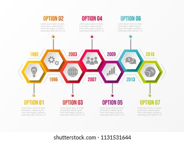 Concept of company timeline with business icons. Vector.