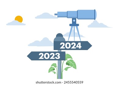 concept of company vision and mission for next year. telescope standing and looking into the distance 2024 on a direction sign, flat vector template style Suitable for Web Landing Pages.