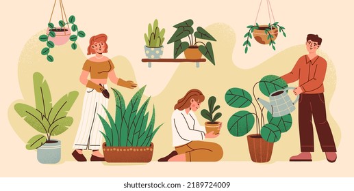Concept of comparing yourself to others. Successful people with big flowering plants and envious person with small sprout in pot. Metaphor for growth and success. Cartoon flat vector illustration