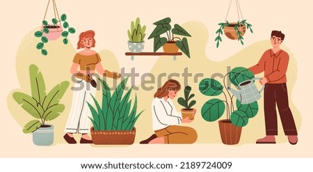 Concept of comparing yourself to others. Successful people with big flowering plants and envious person with small sprout in pot. Metaphor for growth and success. Cartoon flat vector illustration