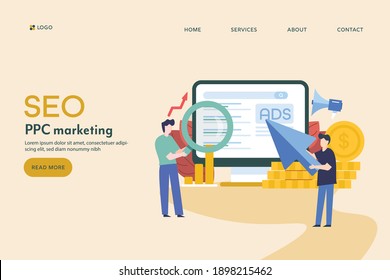 Concept of comparison between SEO and PPC campaign,  ad management, organic search, search marketing - conceptual vector landing page illustration with icons