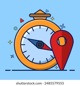 Concept of Compass and Map Pin Signs as symbols for pointing directions Vector in Cartoon Illustration Style. marker, place you want to go, reading directions with map, Travel Element Design Concept.