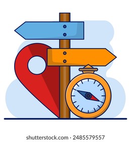 Concept of Compass and Map Pin Signs as symbols for pointing directions Vector in Cartoon Illustration Style. marker, place you want to go, reading directions with map, Travel Element Design Concept.