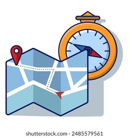 Concept of Compass and Map Pin Signs as symbols for pointing directions Vector in Cartoon Illustration Style. marker, place you want to go, reading directions with map, Travel Element Design Concept.