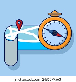 Concept of Compass and Map Pin Signs as symbols for pointing directions Vector in Cartoon Illustration Style. marker, place you want to go, reading directions with map, Travel Element Design Concept.