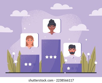 Concept of competition. Avatars of men and woman on pedestal or podium. Winners, award and achievement. Motivation and leadership, best employees. Ranking and rating. Cartoon flat vector illustration