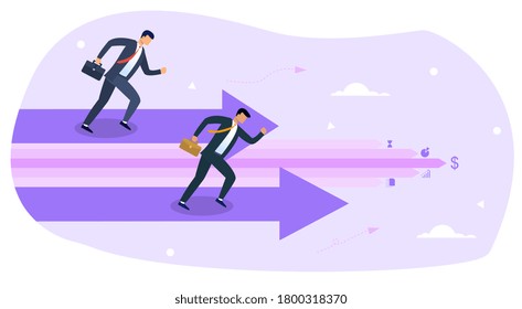 The concept of competition between businessmen showing two colleagues racing along arrows towards the same rewards with one leading, colored vector illustration