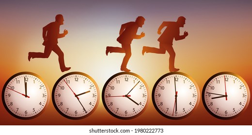 Concept of competition in business and stress at work, with three men in a hurry chasing time.