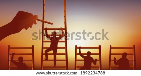 Concept of competition and corporate competition, with four men climbing the ladder and a hand giving the favorite a thumbs up.