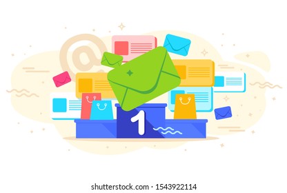 Concept competition, email after registration. Banner. Vector illustration login, first place, web page, social media, screen, mail, email, calendar, cards, net, spider, posters, time to login. Vector