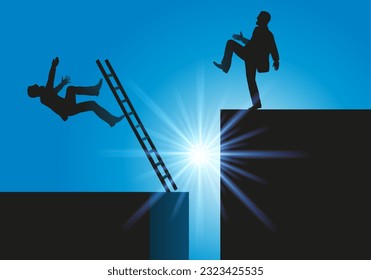 Concept of competition and leadership in business, with a businessman who rejects his rival and prevents him from reaching the position of leader.