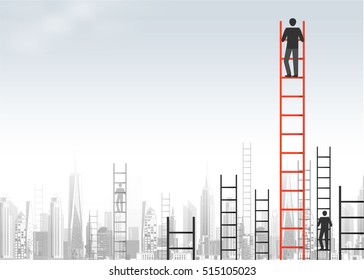 A concept of competition, and problem solving. businessmen are racing to achieve the highest point using ladders. city view. vector design.