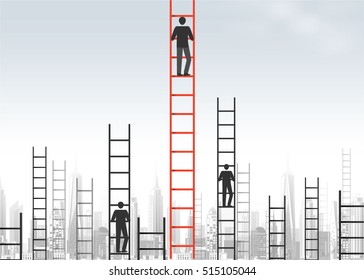 A concept of competition, and problem solving. businessmen are racing to achieve the highest point using ladders. city view. vector design.