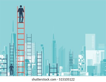 A concept of competition, and problem solving. businessmen are racing to achieve the highest point using ladders. city view. vector design.