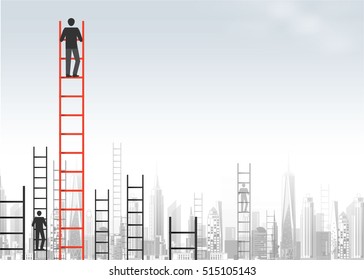 A concept of competition, and problem solving. businessmen are racing to achieve the highest point using ladders. city view. vector design.